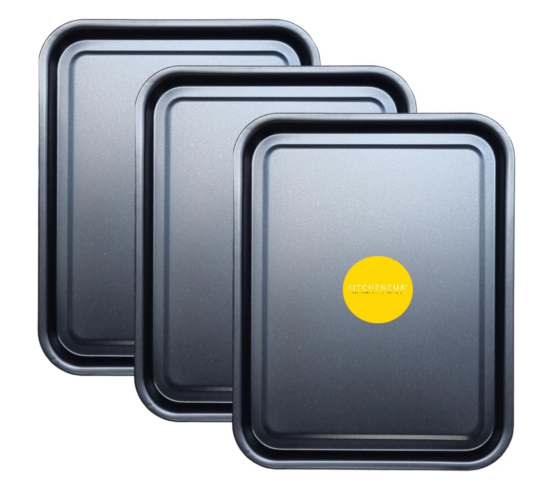 3-Pack Essential 38cm Baking Tray Set - Non-Stick Oven Trays Teflon™ Coated for Baking & Roasting Durable, Dishwasher Safe & Stackable Bakeware for Easy Cleaning & Space-Saving Storage by KITCHENEUR®