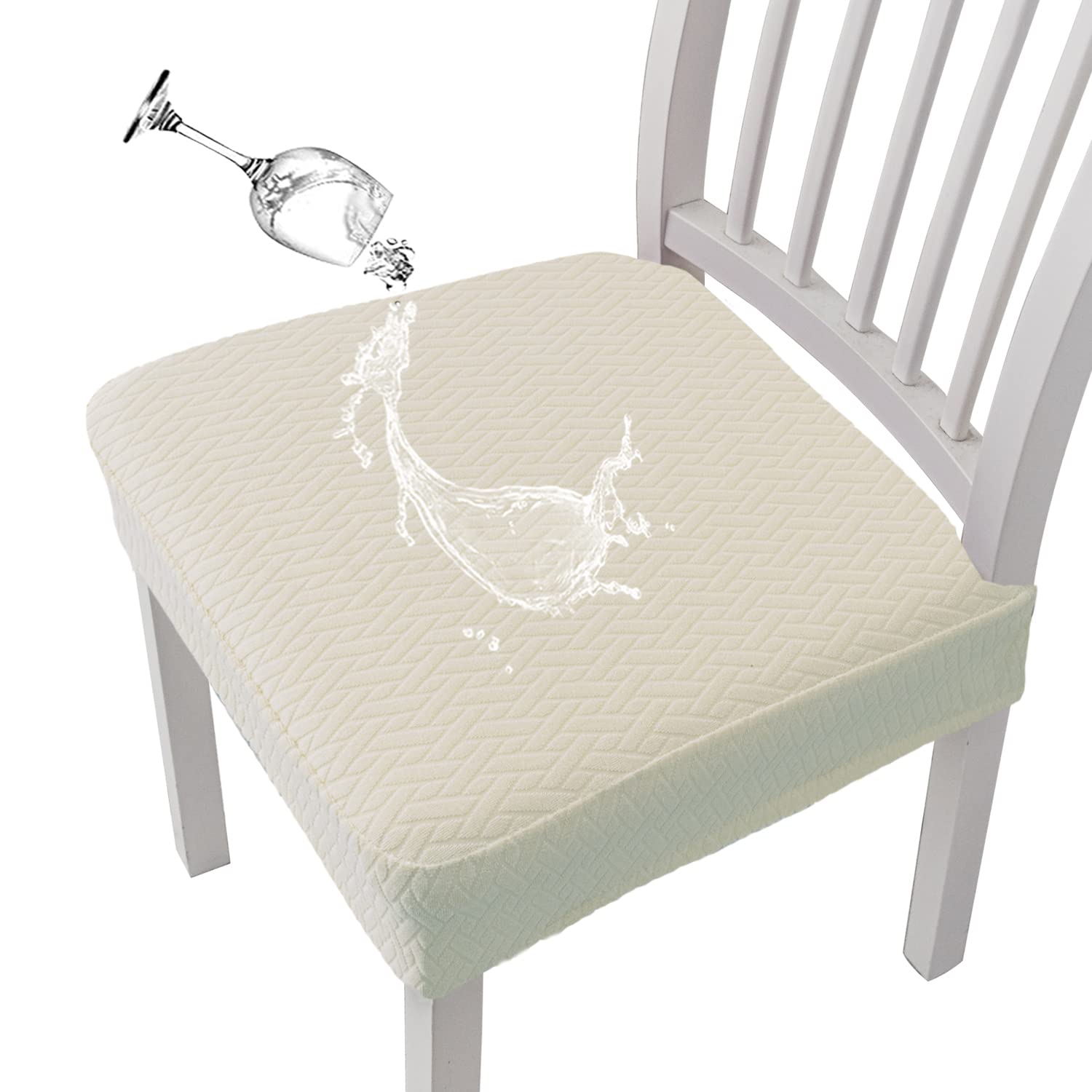 KELUINA Stretch Lattice Jacquard Waterproof Chair Seat Covers for Dining Room 1/2/4/6 PCS Chairs Covers Dining Chair Covers Kitchen Chair Covers (Beige,4 Pcs)