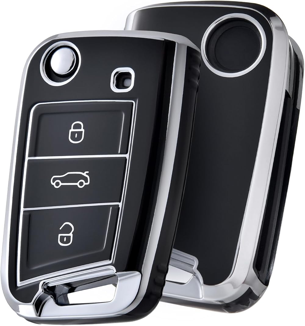 OATSBASF Car Key Case Cover for VW Golf 7 Polo Tiguan Skoda MK7 3 Button Silver
