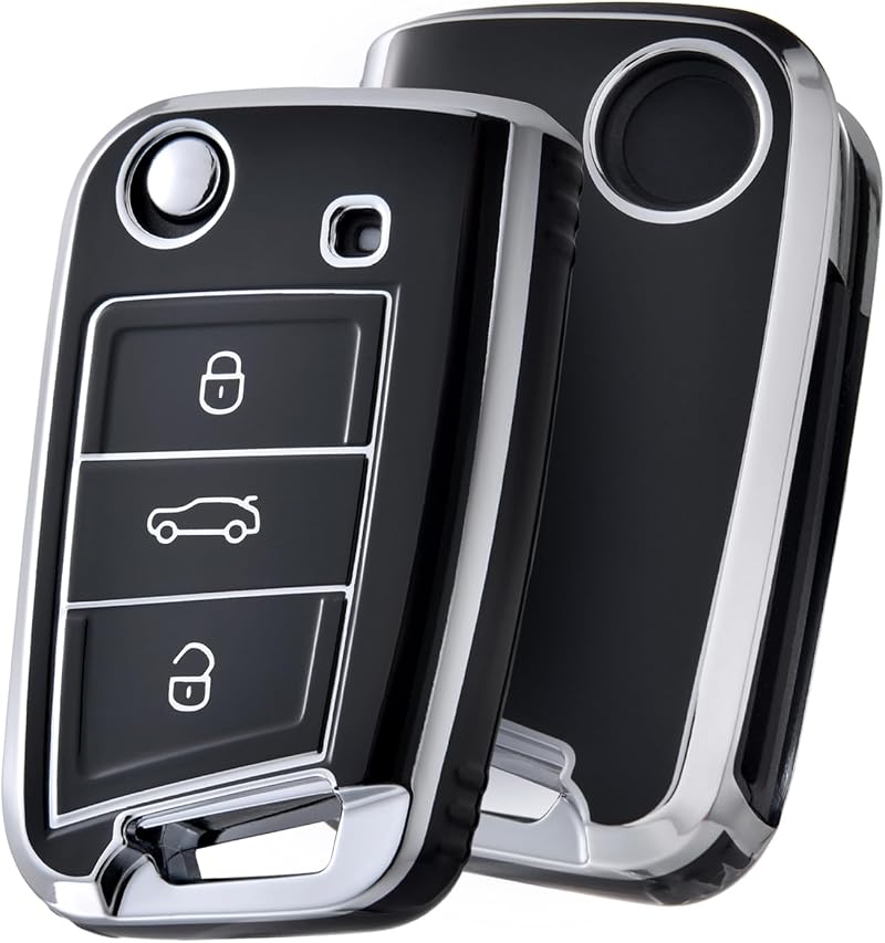 OATSBASF Car Key Case Cover for VW Golf 7 Polo Tiguan Skoda MK7 3 Button Silver