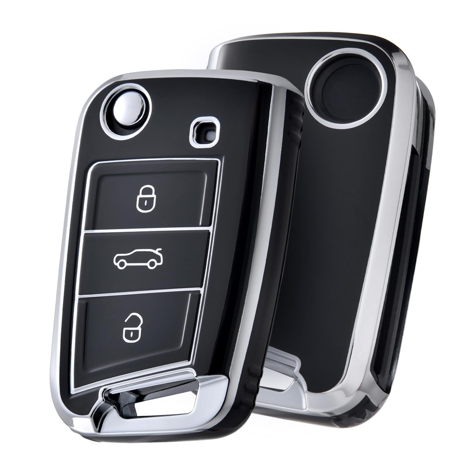 OATSBASF Car Key Case Compatible with VW Golf 7, Key Box Cover for VW Polo, Skoda, Tiguan, MK7 3 Buttons (Silver Edge Black)