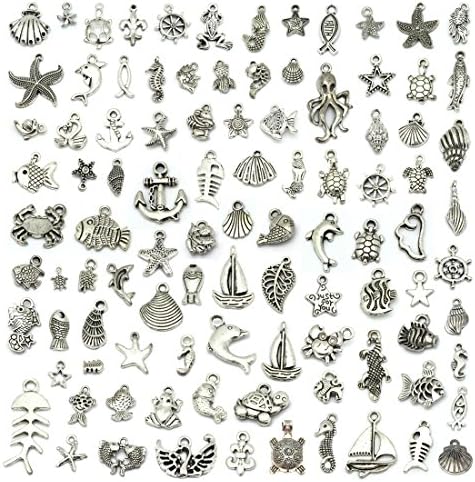 JIALEEY Wholesale 100 Items Combine Vintage Silver Attraction Pendant Assortment DIY Jewellery Provide for Necklace Bracelet Dangle Jewellery Making and Crafting, Sea Animals Types