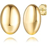 Yezhenhan Gold Studs Earrings for Women 14K Gold Earrings for Women Earring Studs Smooth Oval Disc Cute Stud Earring for Womens 17mm