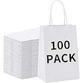 BAG BOX 100 Pack 5.9x3.1x8.25 Inch White Gift Bags with Handles,Bulk Kraft Paper Bags for Shopping, Retail, Merchandise, Wedding, Party Favors, Paper Grocery Sacks