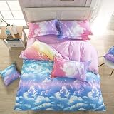 Loussiesd Cloud Sky Duvet Cover Set for Girls Rainbow Bedding Twin Queen King