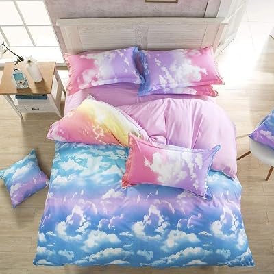 Loussiesd Cloud Sky Duvet Cover Set Girls Rainbow Pink SkyBlue Single Size