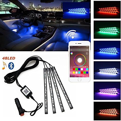 Car LED Strip Light,Bluetooth App Controller Interior Atmosphere Decorative Lights 4pcs 48 LED RGB Music Timer Lighting Kit for Smart Android and iPhone by DPST