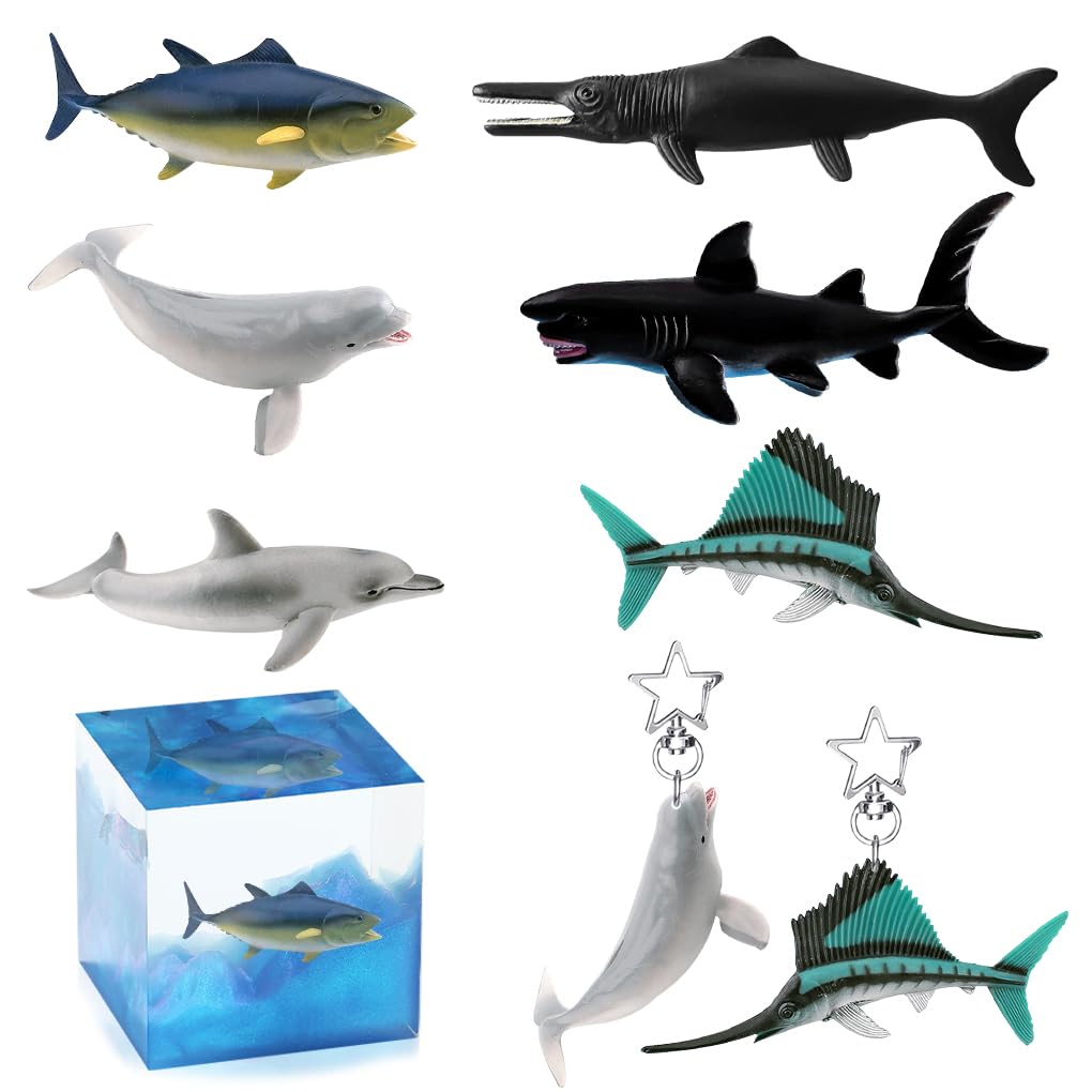 FineInno 6Pcs 3D Resin Fillers Sea Animals Figures Realistic Beluga Sailfish Tuna Dolphin Shark Teyman dragon fish Sea Creatures for Epoxy Resin Mould Filling Materials Decoration