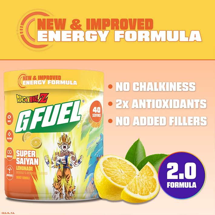 G Fuel Dragon Ball Z Energy Drink Powder, Pre Workout Caffeine Mix for Gaming, Sugar Free Focus Amino, Vitamin + Antioxidants, 9.9oz (Lemonade, 40 Servings)