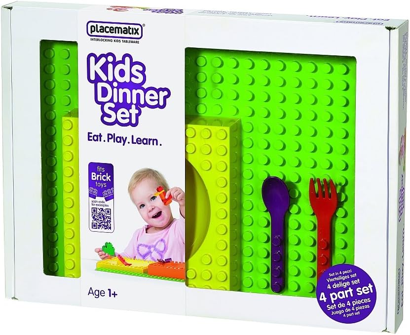 Placematix Interlocking Kids Placemat, Yellow Bowl, Red Fork & Purple Spoon-Gift Box Set, 4-piece