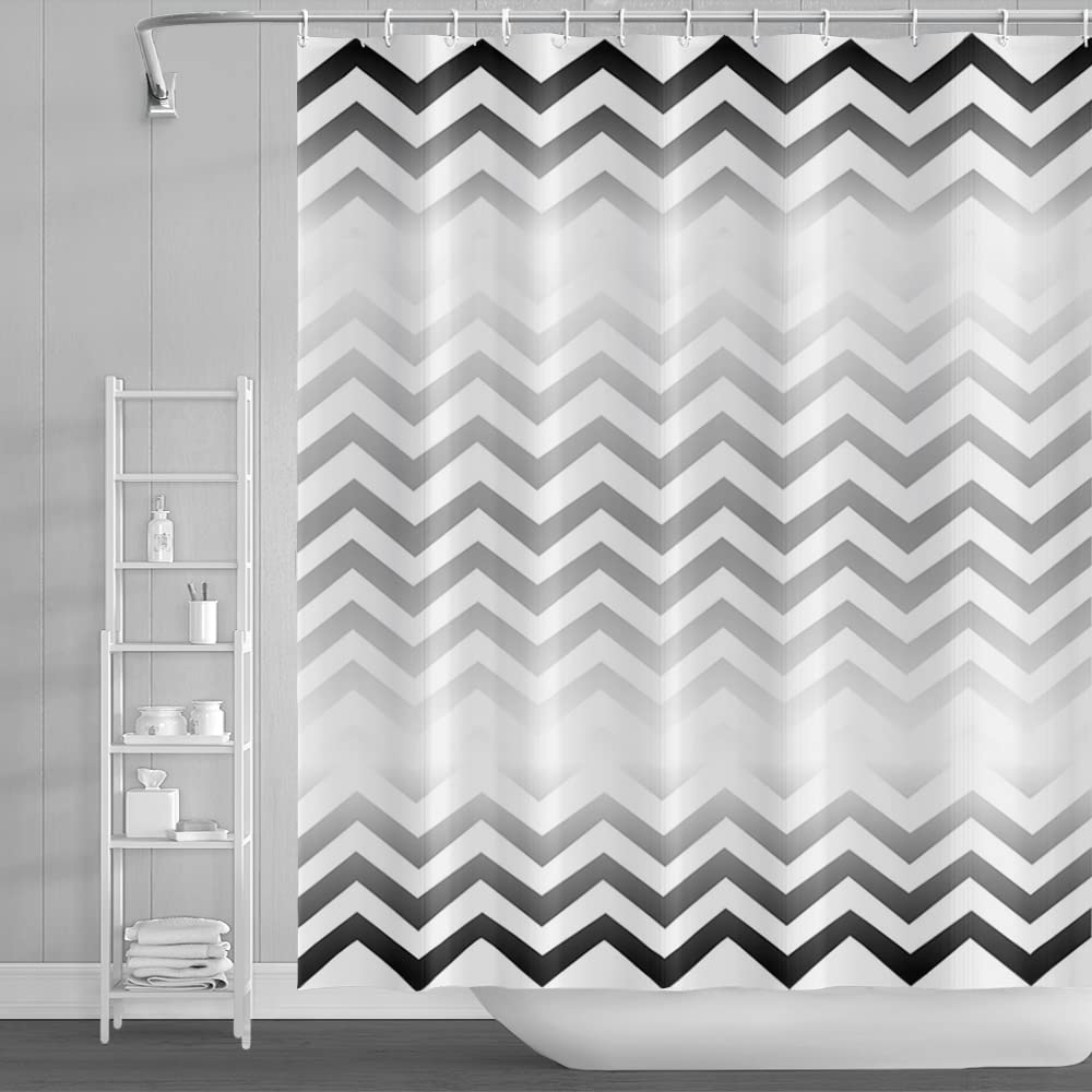 SDOTPMT 105x160cm Wave Stripe Shower Curtain Black White Horizontal Wavy Zigzag Bath Curtain Abstract Geometric Bathtub Curtain for Kids Bathroom Decor Fabric Polyester Waterproof with Hooks
