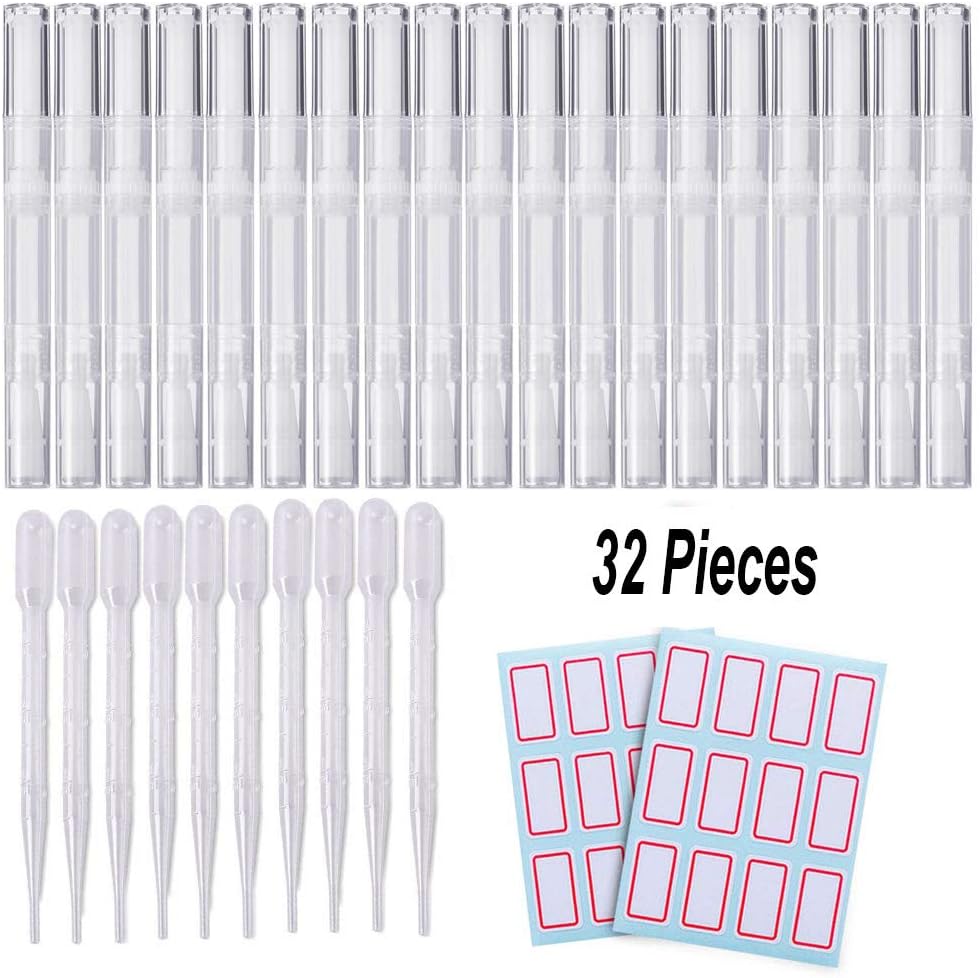 20PCS 3ML Transparent Twist Pens, 10 Eyelash Growth Liquid Tube Container Cosmetic Empty Lip Gloss Pens with Brush Tip Applicator Cuticle Oil Nail Polish Nutrition Pen with 2 Tag Labels Stickers