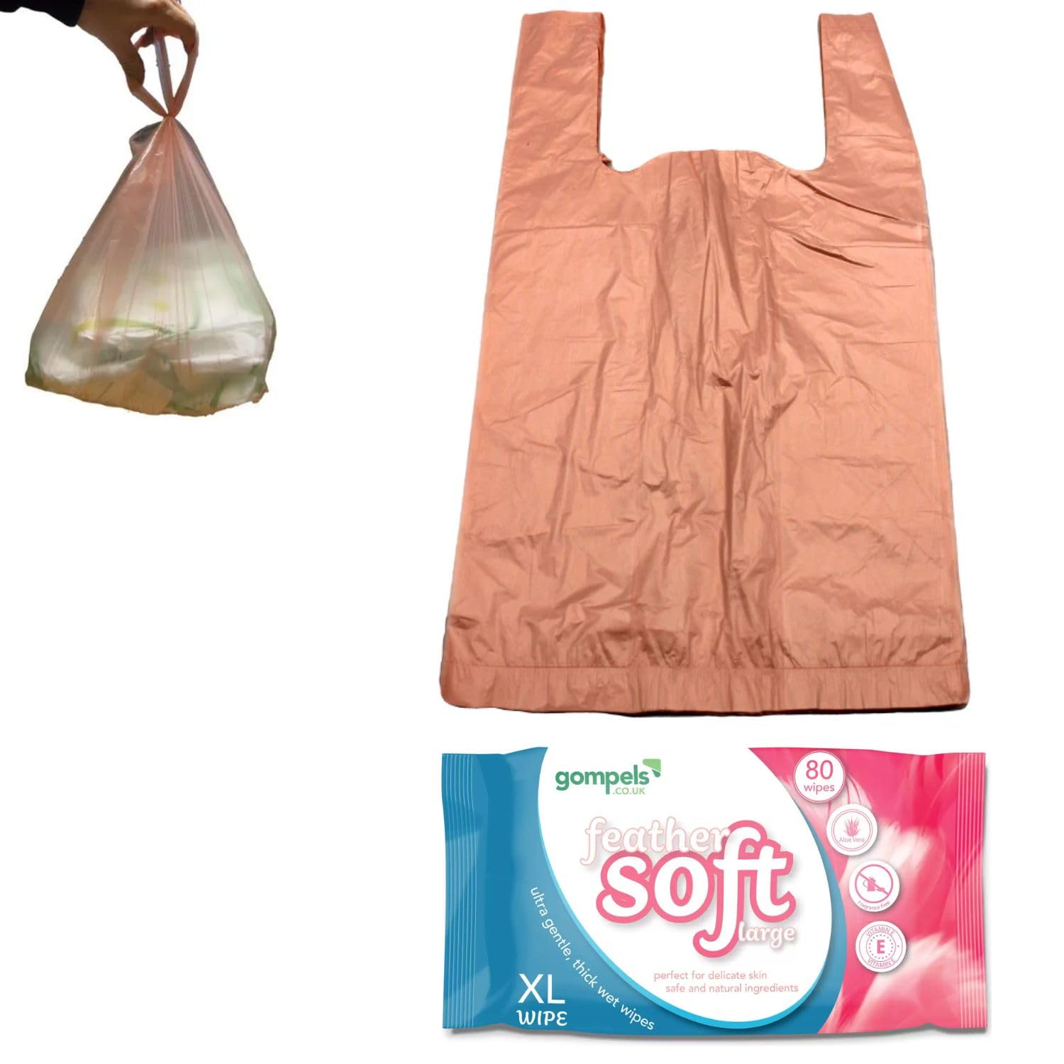 300 Extra Large Incontinence Nappy Disposal Bags + 80 Extra Large Adult Wet Wipes with Aloe Vera & Vitamin E | Alcohol-Free, Rinse-Free Hygiene Care Kit for Carers, Elderly & Bed Bath Use