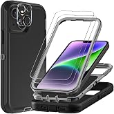 TFDSEUGH for iPhone 14 Plus Case with 2Pcs Tempered Glass Screen Protector and 1Pcs Camera Lens Protector, Military Grade 3 in 1 Heavy Duty Shockproof/Drop Proof/Dust Proof Case (Black/Grey)