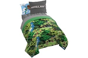 Jay Franco Minecraft Daytime 5 Piece Twin Bed Set - Includes Comforter & Sheet Set - Bedding Features Alex and Steve - Super 