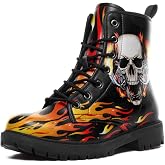 coolcustomize Custom Black Combat Boots for Women Fashion Lace-Up Skull Rose Ankle Booties Chunky Heel Platform Leather Boots