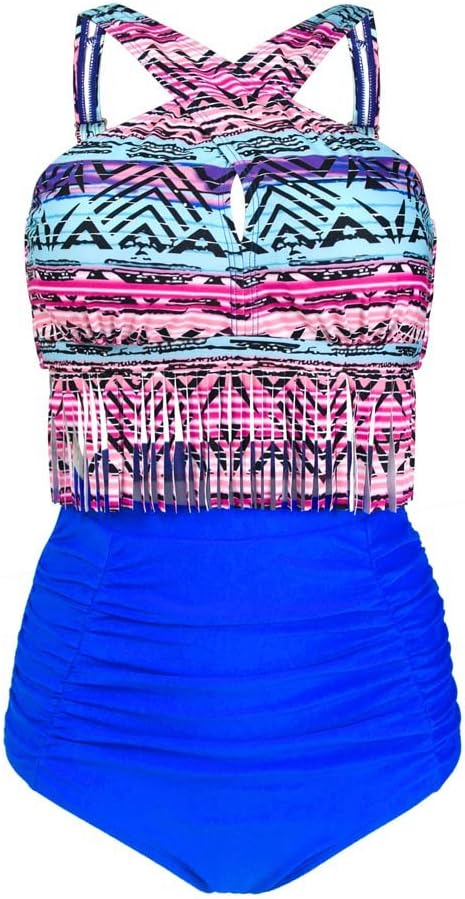 Kxing High Waisted Swimsuit Vintage Fringe Criss Cross Two Piece Bathing Suit Padded Womens Bikini Set