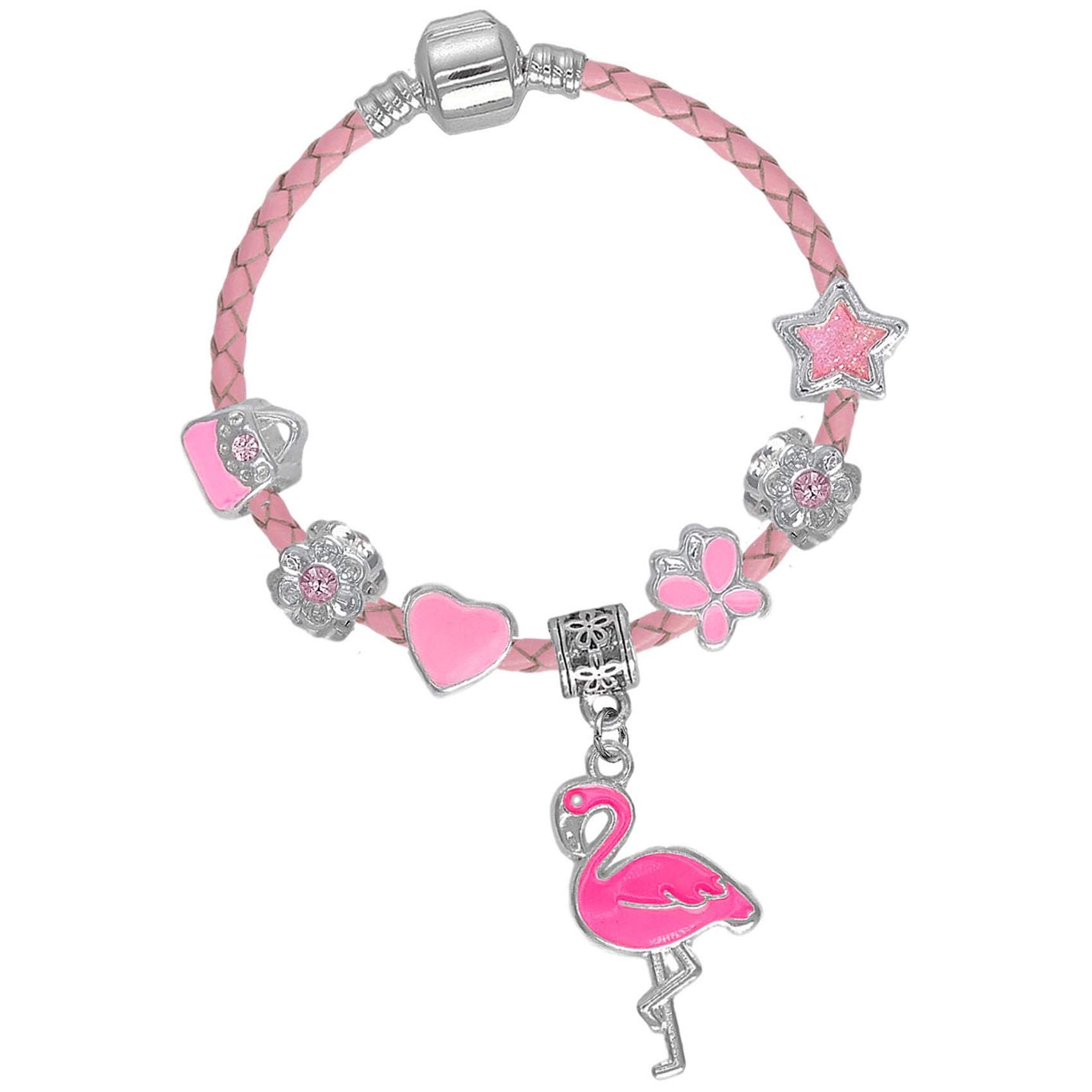 Flamingo Braided Leather Charm Bracelet with Gift Box Girls Womens Jewellery (1. 17cm Pink Leather)