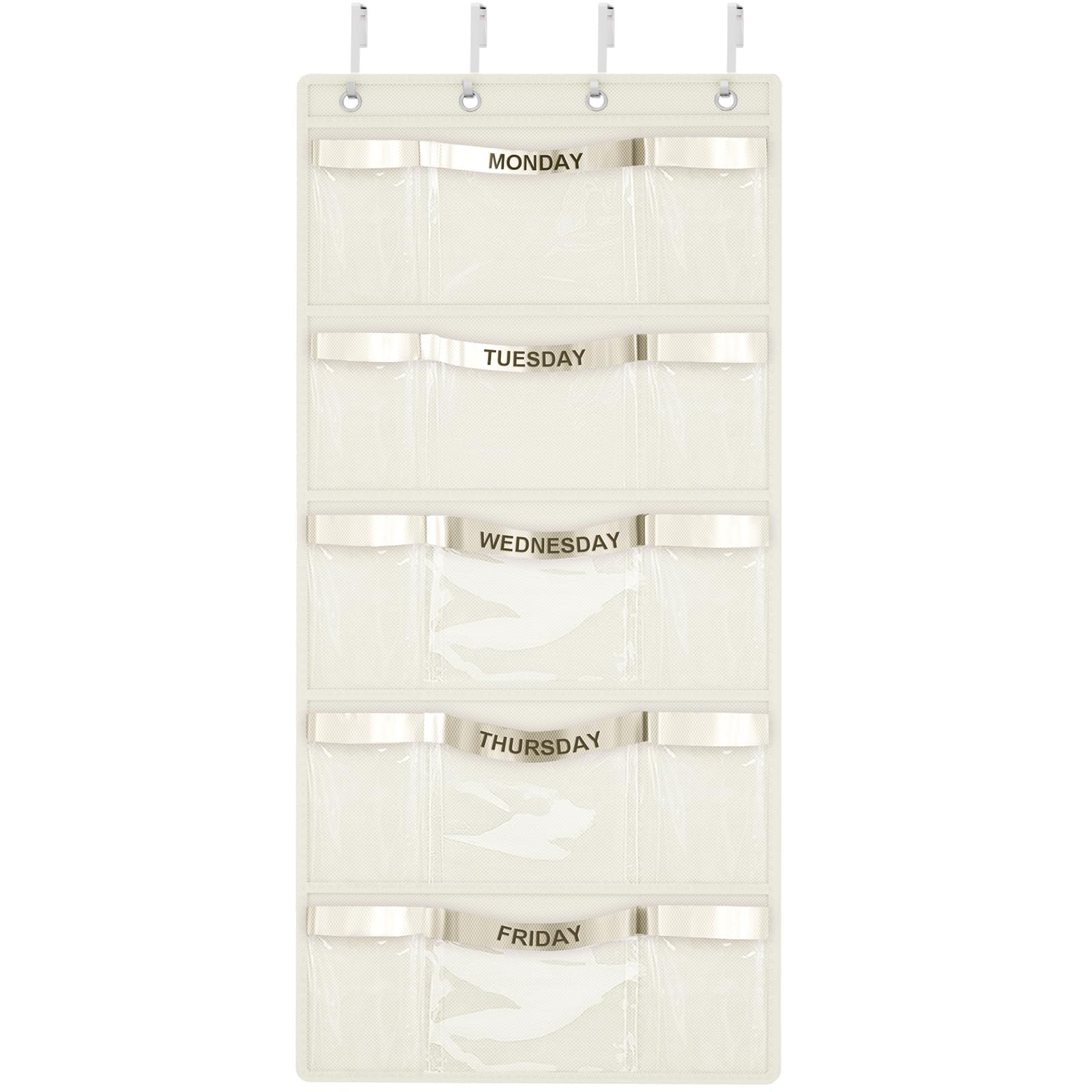 Photo 1 of VERONLY Weekly Hanging Closet Organizer for Kids,Day of Week Kids Clothes Organizer,School Clothing Storage Monday to Friday Hanging Closet Organizer Shelves for Bedroom,Bathroom,Dorm (Beige)