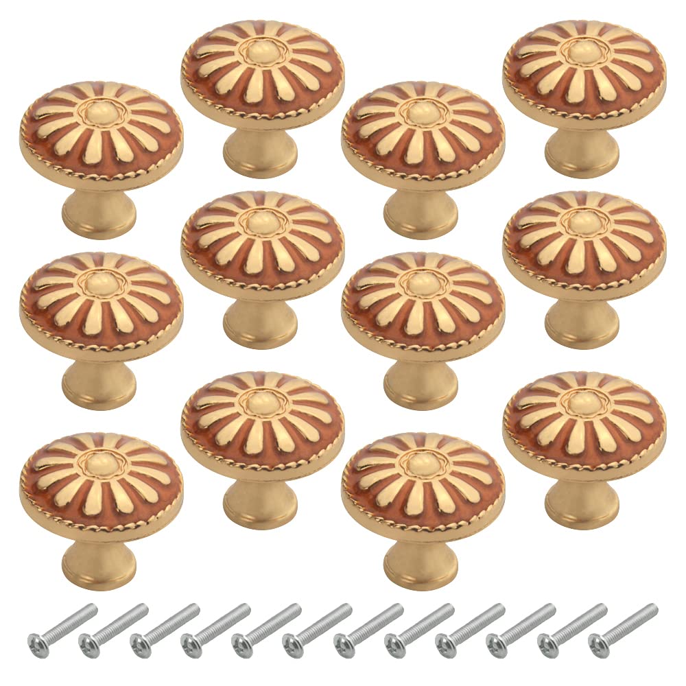 WMYCONGCONG 12Pcs Cabinet Knobs, 1.2" Diameter Vintage Dresser Handles Drawer Round Knobs with Screws, Zinc Alloy Floral Pattern Wardrobe Door Single Hole Pull Handle Knobs (Amber Red)