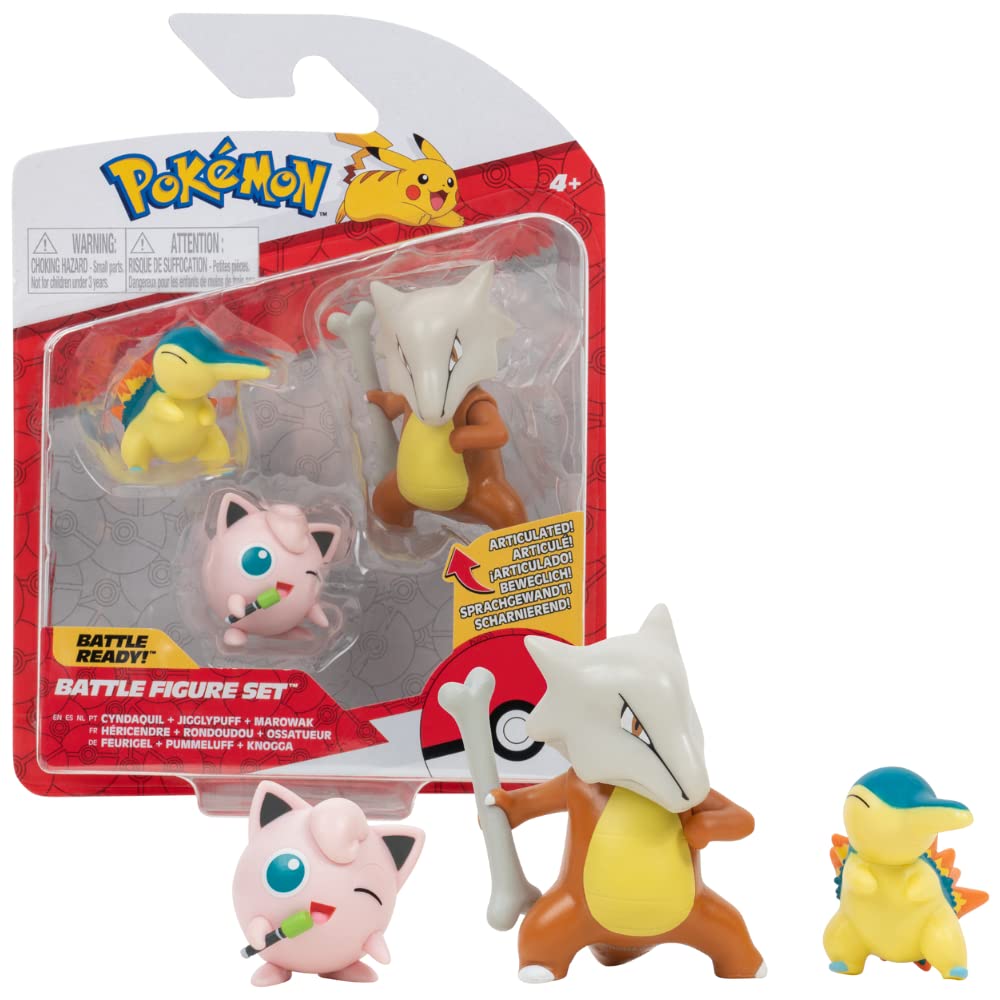 Pokémon PKW2350 Battle Figure Set - Fiery Hedgehog, Pummeluff, Knogga, Official Moving Figures, 5 cm Fiery Hedgehog and Pummeluff, 7.5 cm Knogga