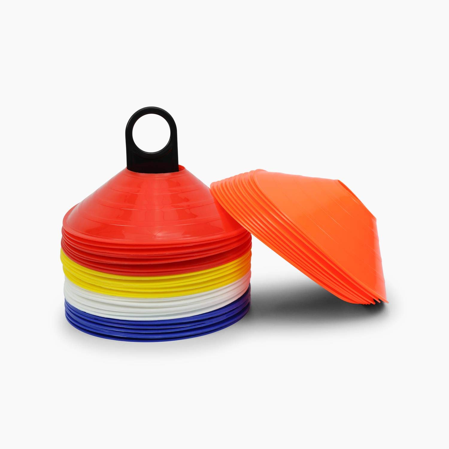 Splay Agility Disc Cones Set of 50 with Carry Holder – 5 Colours (10 Each), Flexible Space Marker Cones for Football Coaching, PE & Fitness – Indoor/Outdoor