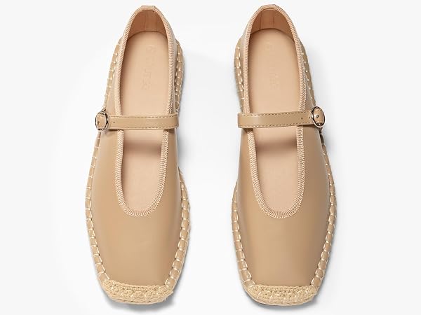 COUTGO WOMENS ESPADRILLES MARY JANE FLATS CLOSED SQAURE TOE BALLET FLATS COMFORTABLE DRESS SHOES, KHAKI/PU, SIZE 8