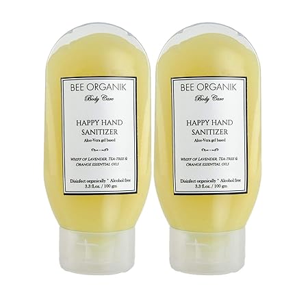 BEE ORGANIK Happy Hand Sanitizer | Alcohol Free | Aloe Vera gel based | Natural and Organic | Disinfects and Cleans | Lavender, Tea tree and Orange Essential Oils | 100gms x 2 pcs
