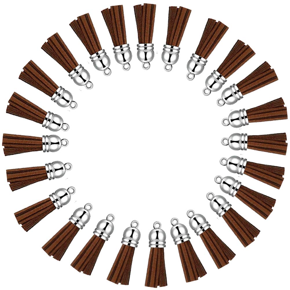 Keychain Tassels Leather Tassel Pendants with Silver White Caps,Tassel Charm for Jewelry Making Keychain Bracelets Ring Crafts -30pcs(1-1/2 inch,Blue) (Brown)