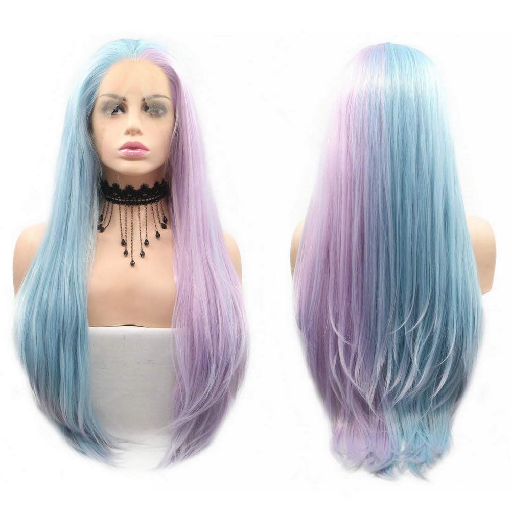 13x3" Pre Plucked Long Straight Colorful Wigs for Women Natural Looking Heat Resistant Fiber Synthetic Lace Front Wigs for Replacement/Party/Cosplay/Costume/Daily Use (Half Blue Half Purple) — image 1