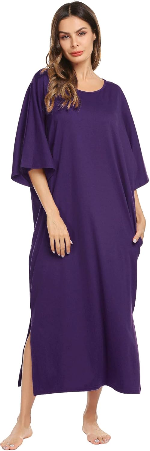 Ekouaer Nightgown, Womens Round Neck/V Neck Loungewear Oversized Pajama Loose Pockets Long Sleep Dress at  Women’s Clothing store