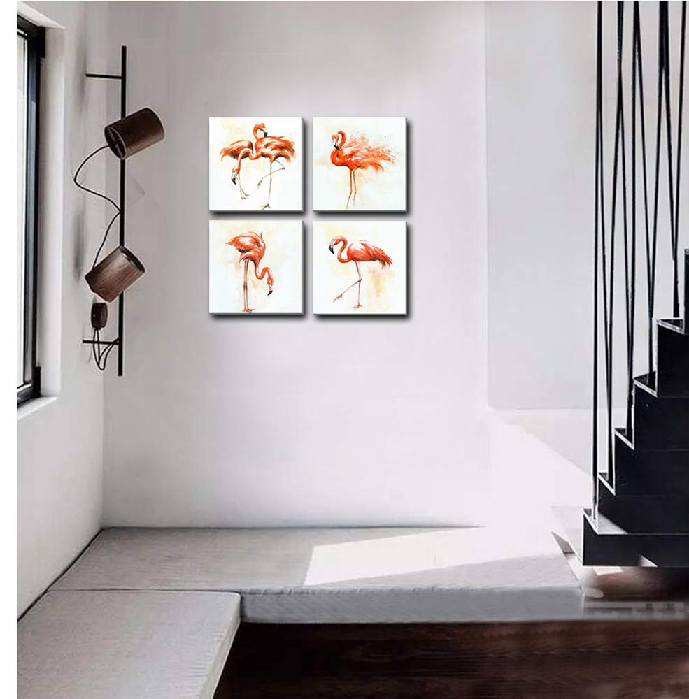 Hongwu 4 Piece Canvas Wall Art Flamingo Painting Modern Canvas Art Prints Bird Pictures on Canvas Stretched and Framed Ready to Hang for Home Decoration Wall Decor 12x12inch