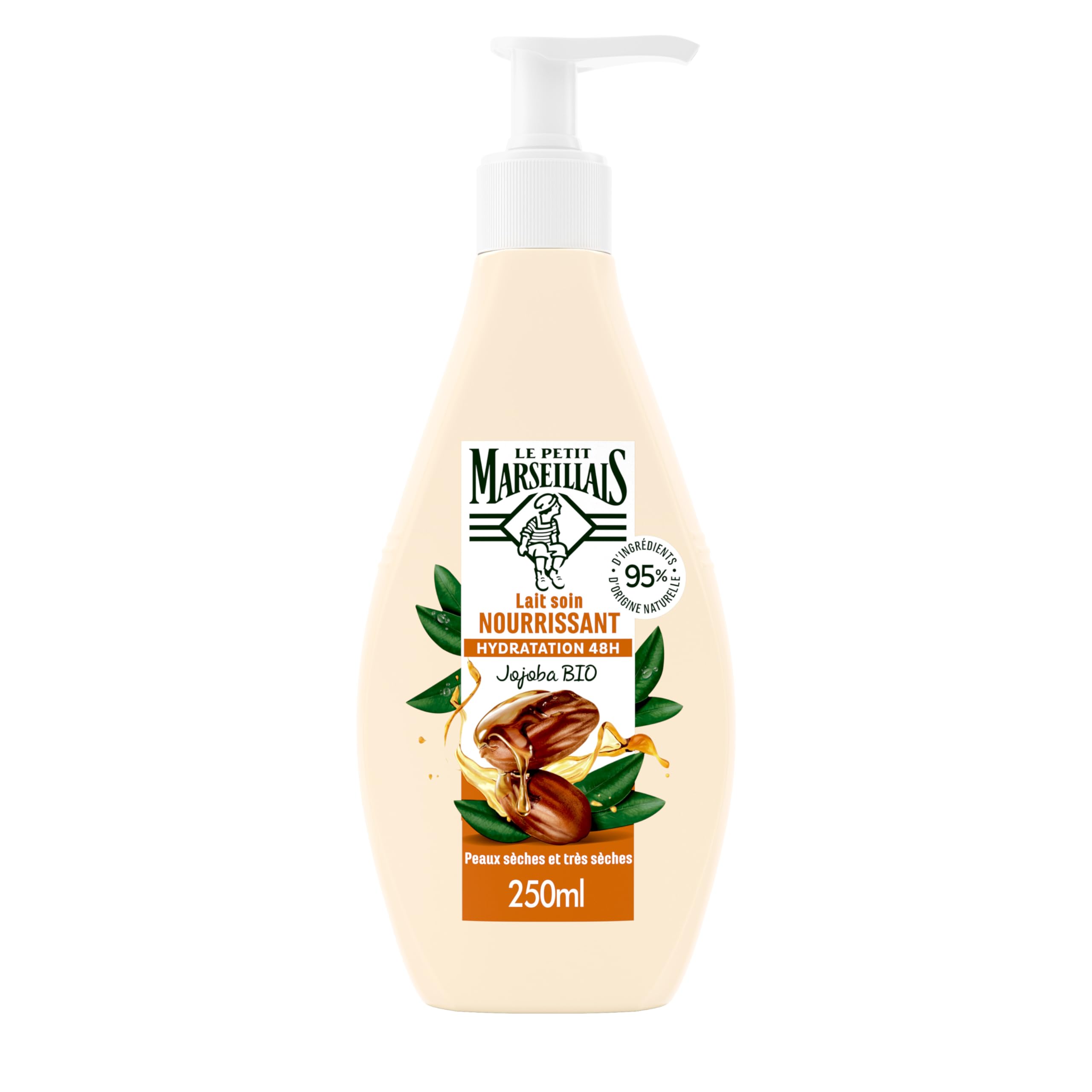 Le Petit Marseillais Nourishing Jojoba Organic Care Milk (Pump Bottle 250 ml) - Moisturising Milk for Dry and Very Dry Skin - Body Milk with 95% Natural Ingredients