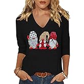 Women's Christmas V Neck Shirt Funny Xmas Party Graphic 3/4 Sleeve Tee Winter Holiday Family Matching Tops Blouse