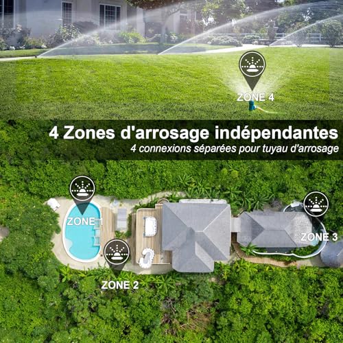 4 Way Water Timer with Brass Inlet, Large LCD Display, Automatic Watering for Garden, Programmable Irrigation, Simple Use, Rain Delay Manual Watering for Lawn
