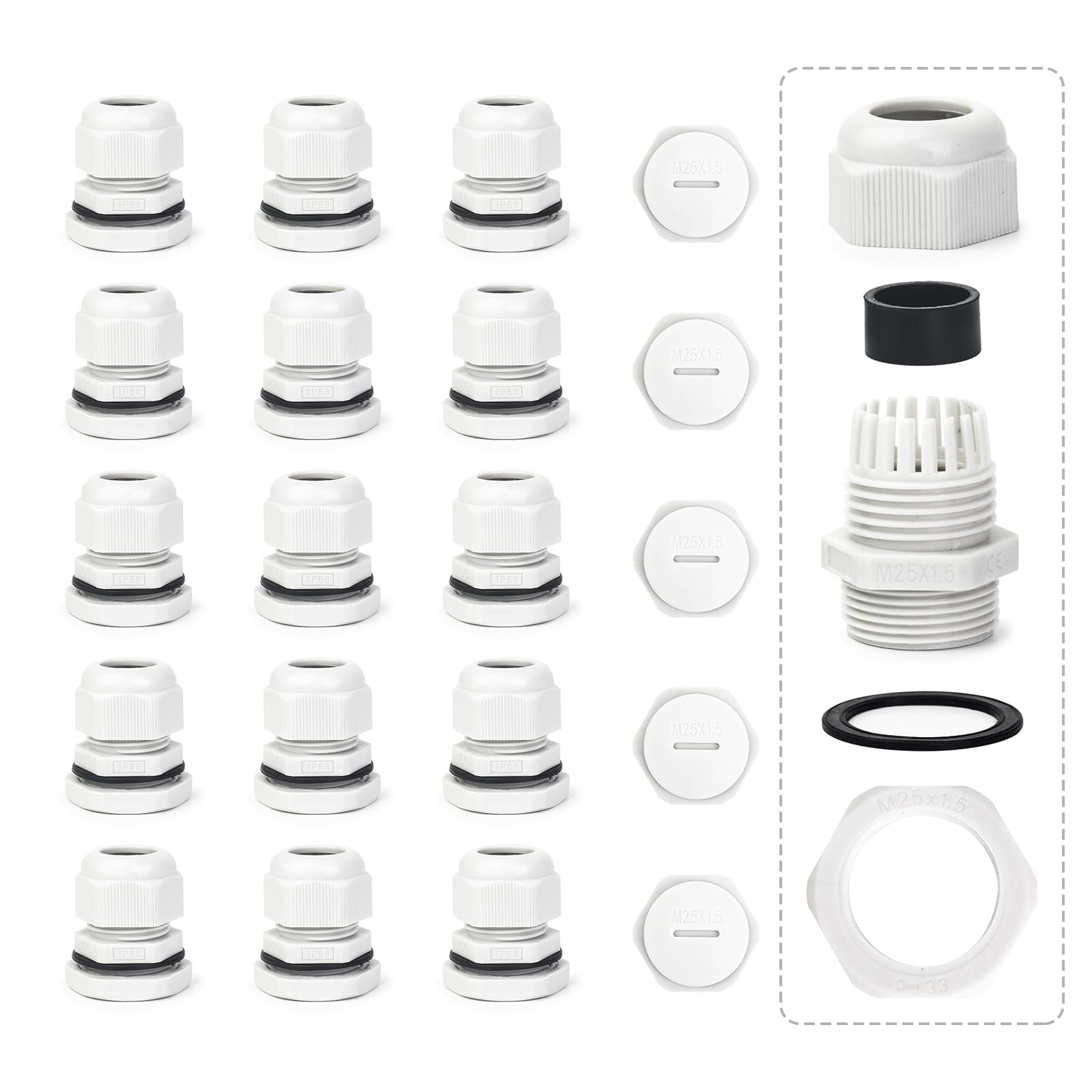15Pack Cable Glands Mixed Set, IP68 Waterproof Stuffing Glands M25 10-14mm, Plastic Nylon Cable Conduit Waterproof Connectors Set with Gasket, Dustproof Cable Gland Connectors for Outdoor (White)