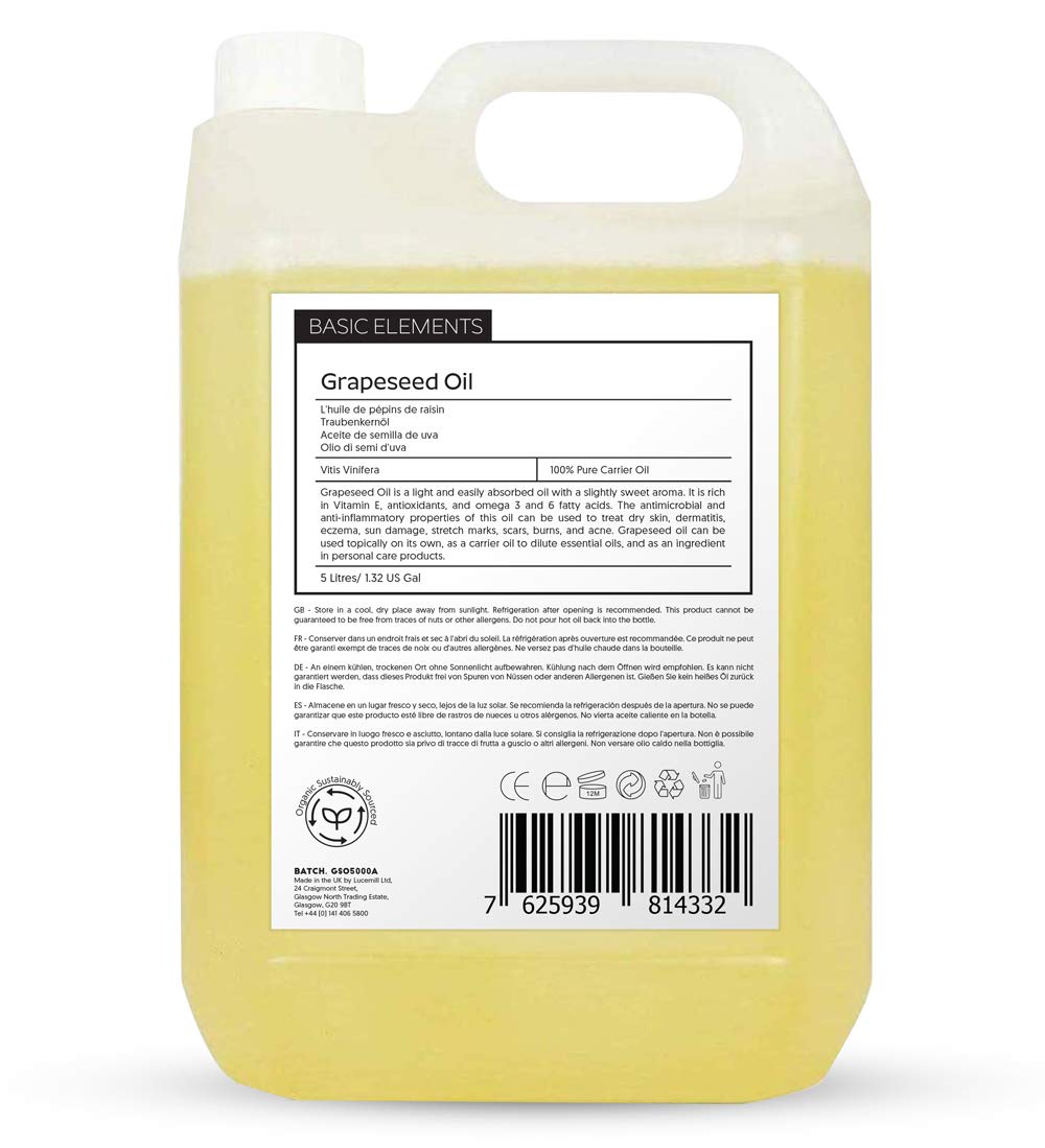 Basic Elements Organic Grapeseed Oil I 5 Litre I 100% Pure & Natural Moisturiser for Skin & Hair I Perfect Massage Oil & Aromatherapy Oil
