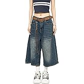 POHADON Women Y2k Baggy Jorts Vintage Wide Leg Long Jean Shorts Loose Fit Capri Denim Shorts Trendy Grunge Vintage Streetwear