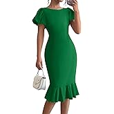 BTFBM Women Formal Wedding Guest Cocktail Dresses 2026 Short Sleeve Ruffle Mermaid Work Bodycon Elegant Midi Summer Dress