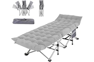FENBELI Folding Camping Cot for Adults, Heavy Duty Sleeping Cots with Carry Bag, Double Layer Oxford Portable Travel Camp Cots for Outdoor Camp Beach Home Office (Silver Frame with Gray Pad, 1PACK)