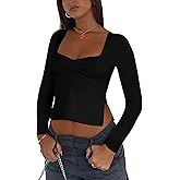 ccuiwe Women's Sexy Square Neck Long Sleeve Crop Tops Ruched Front Split Side Going Out Top Shirts