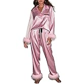 Springcmy Women Christmas Silk Pajamas Set Pjs Satin Long Sleeve Button Down Shirts Pants Feather Trim 2PCS Xmas Loungewear