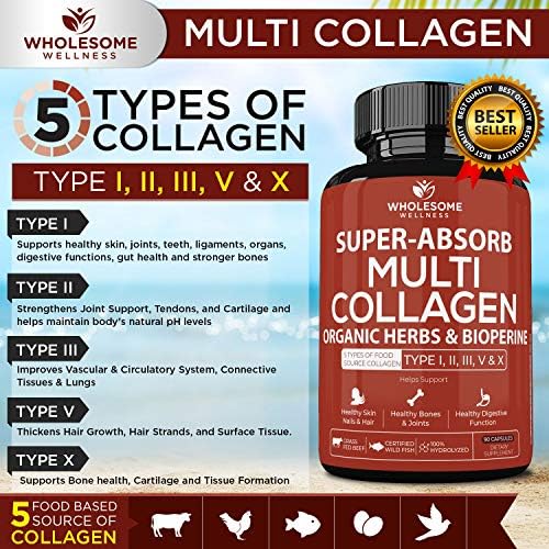 Super Absorb Multi Collagen Pills Type I Ii Iii V X Organic Herbs And Bioperine Anti Aging Hair Skin Nails Joints Hydrolyzed Collagen Peptides Protein Supplement For Women Men 90 Capsules