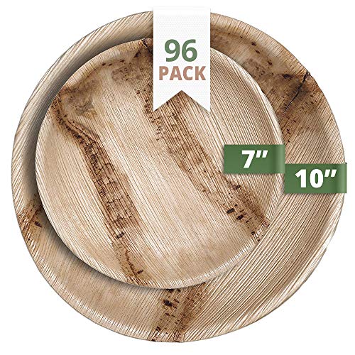 CaterEco Round Palm Leaf Plates Set | Pack of 96- (48) Dinner Plates and (48) Salad Plates | Ecofriendly Disposable Dinnerware | Heavy Duty Biodegradable Party Utensils for Wedding, Camping & More