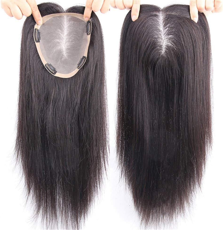 Free Parting Human Hair Clip in Toppers for Women, 6"x 6.7" Large Mono Crown Topper Hairpieces for Thinning Hair, 10" Dark Brown
