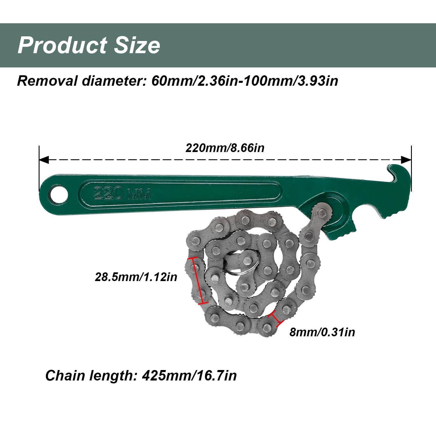MYLERCT 9 Zoll Ketten Ölfilterschlüssel, Verstellbar, Geeignet für Autowartung, Mechanische Demontage und Installation 2