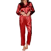 TeJoyce Silk Pajamas for Women Set Long Sleeve Satin Pj Set Soft Christmas Sleepwear Classic Button Down Xmas Loungewear