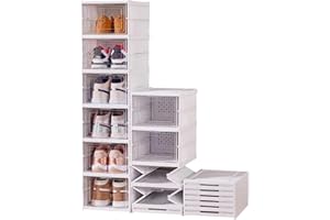 Foldable Shoe Rack,No Assembly Stackable Shoe Storage Box with Doors,Free Standing Plastic Space Saving Shoe Cabinet Bins Dus