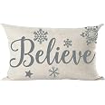 Believe Snowflakes Christmas Throw Pillow Cover – Blue Grey Winter Theme, 12x20 Inch Lumbar, Cotton Linen, Zippered - View #3