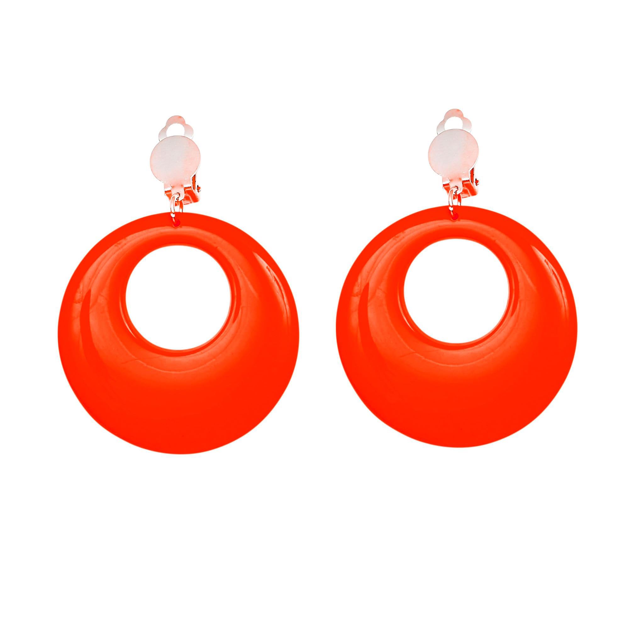 Widmann 05841 - Pair of Earrings for Adults Women, 80s, Disco, Neon, Carnival, Theme Parties, Fluorescent Orange Color
